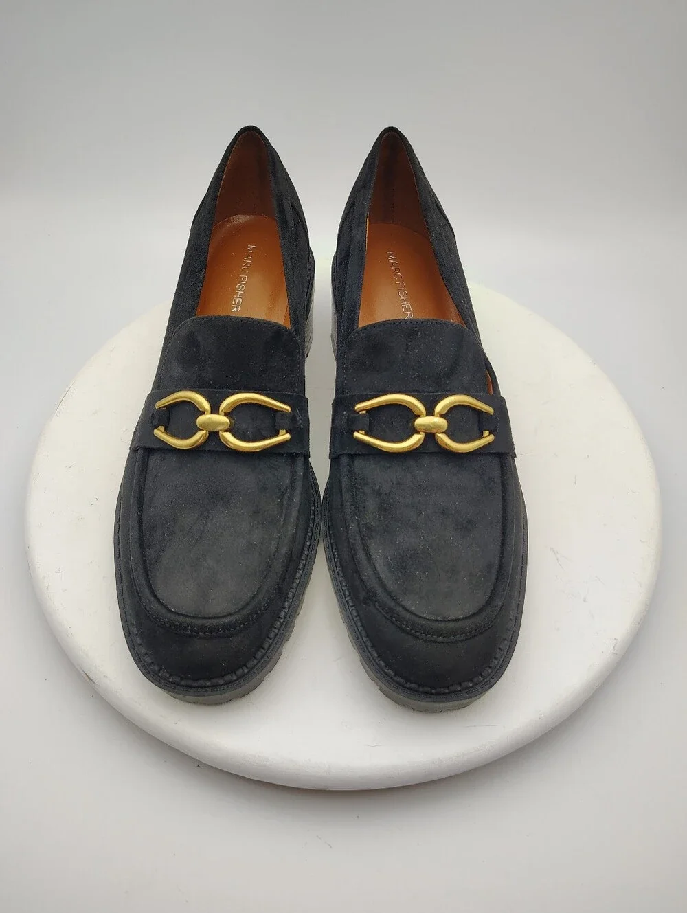 New Marc Fisher Black Suede Lug Sole Loafers with Gold Hardware Accents Size 9.5